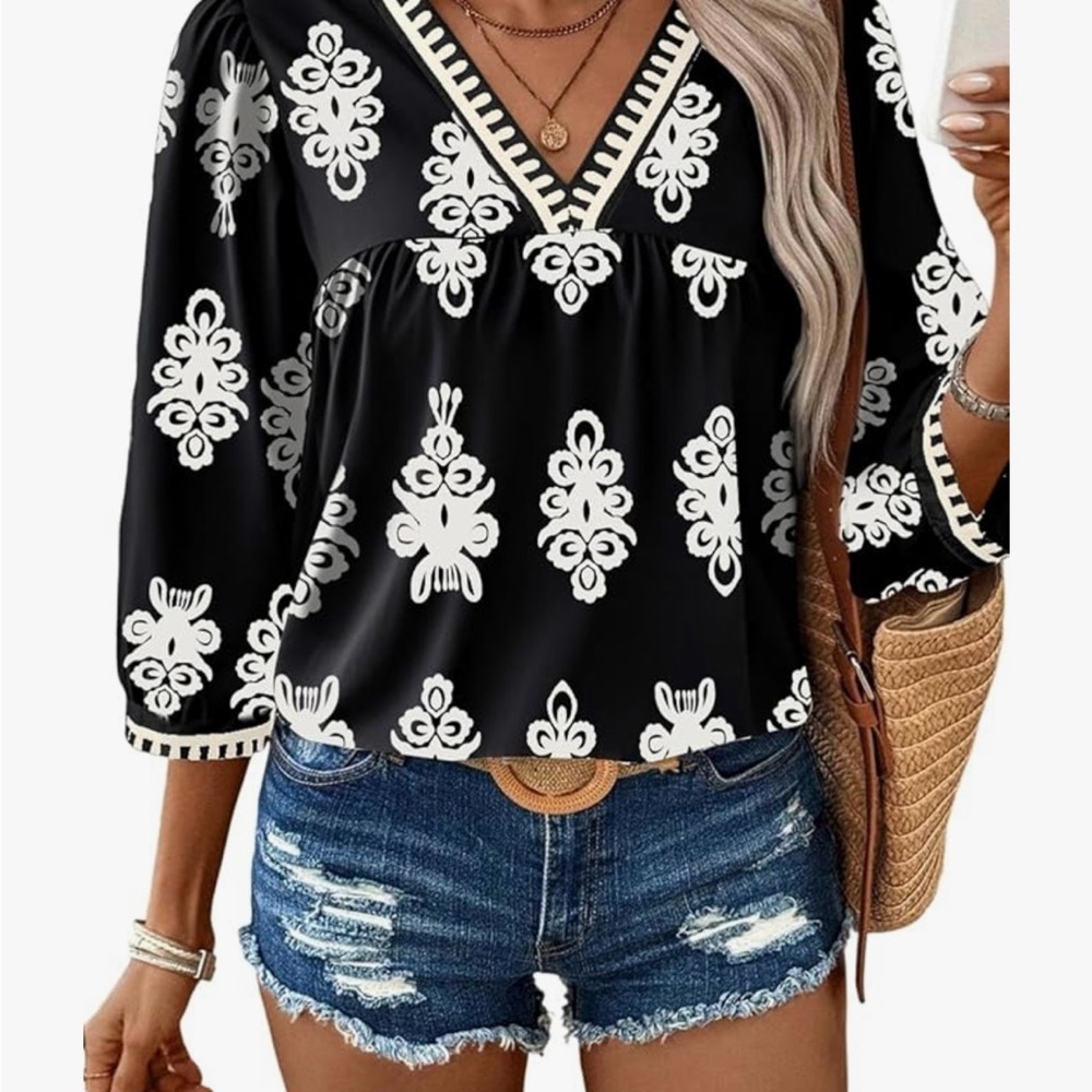 Black Blouse with White Floral Design size large